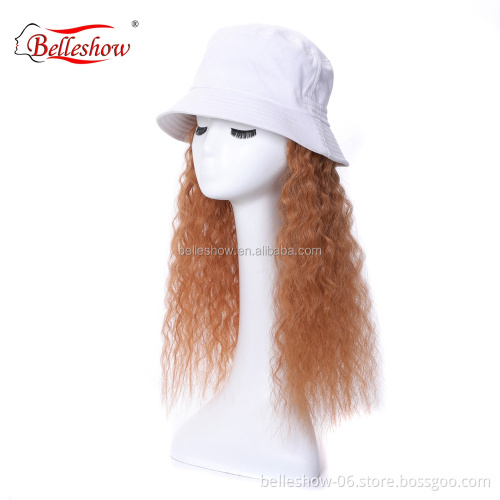 Hot sell fisherman's hat wig wool ring light brown long curly hat wig head set real hair mix black hat human and synthetic hair